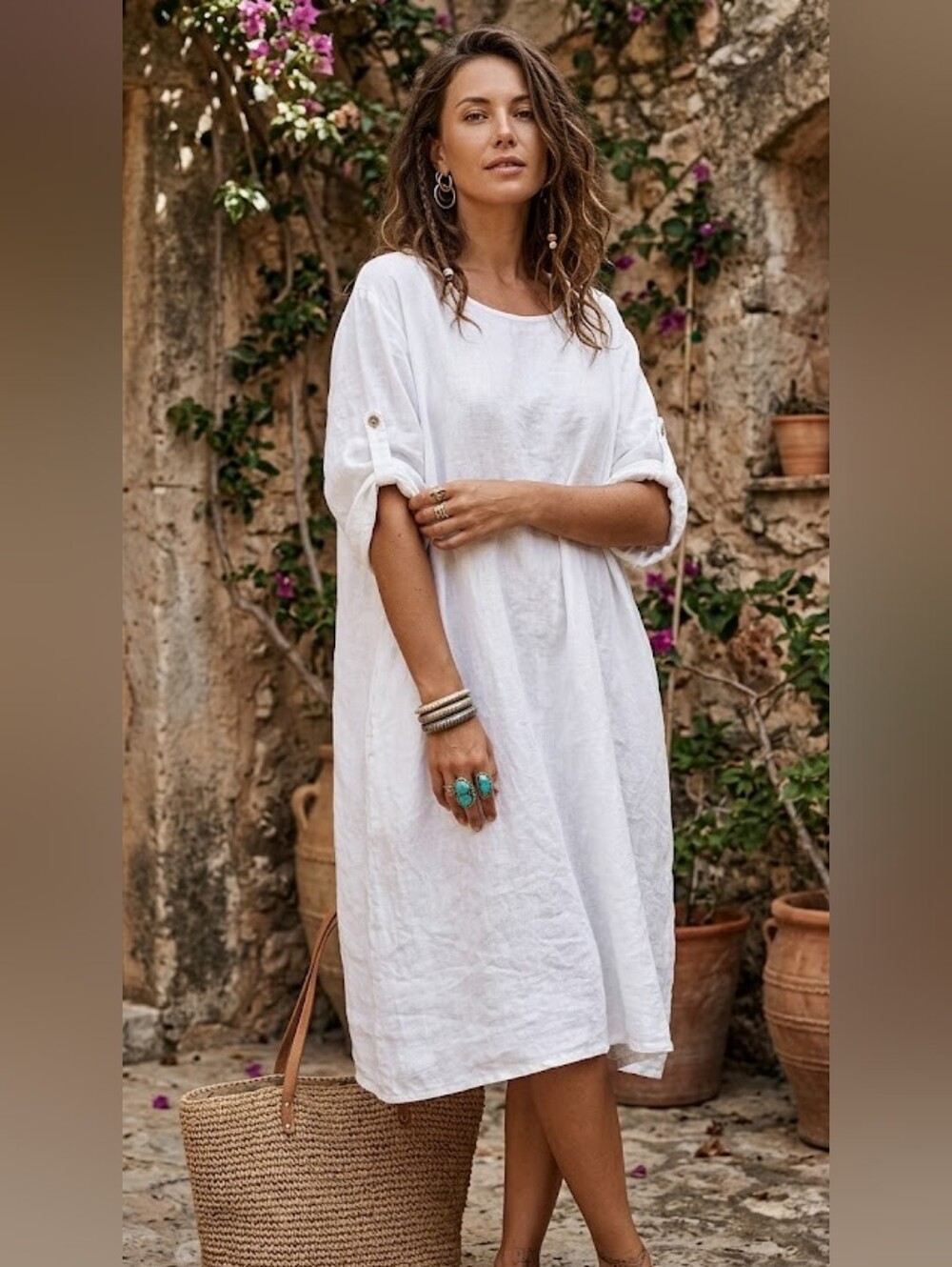 Vivian Shyu White 100% Linen Lagenlook Dress Size M